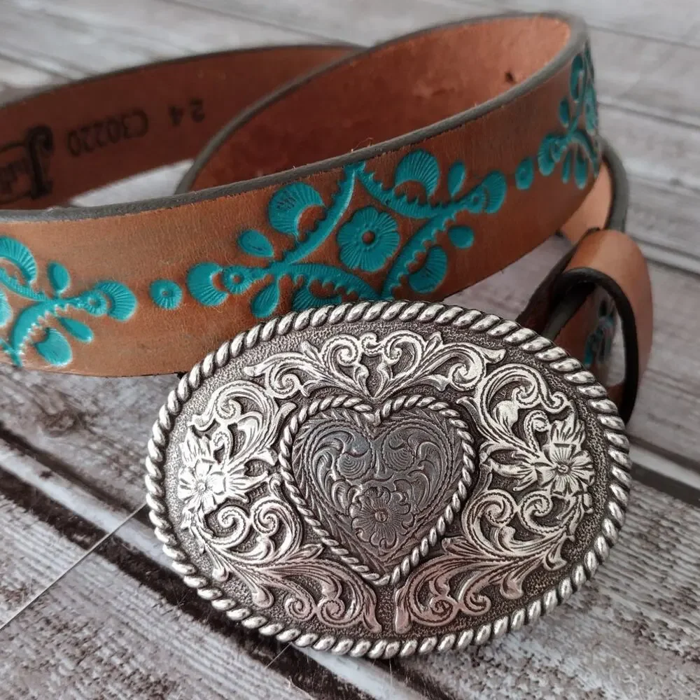 Justin Brown w/Teal Accent Tooled Leather Belt Silver-Tone Heart Buckle Women 24